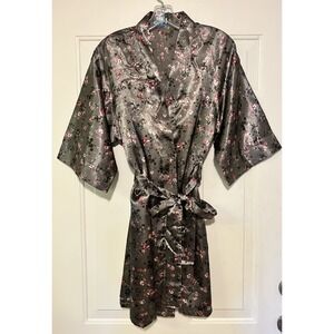 Gabrielle Intimates Gray Pink Floral Satin Robe and Chemise Nightgown Set Large
